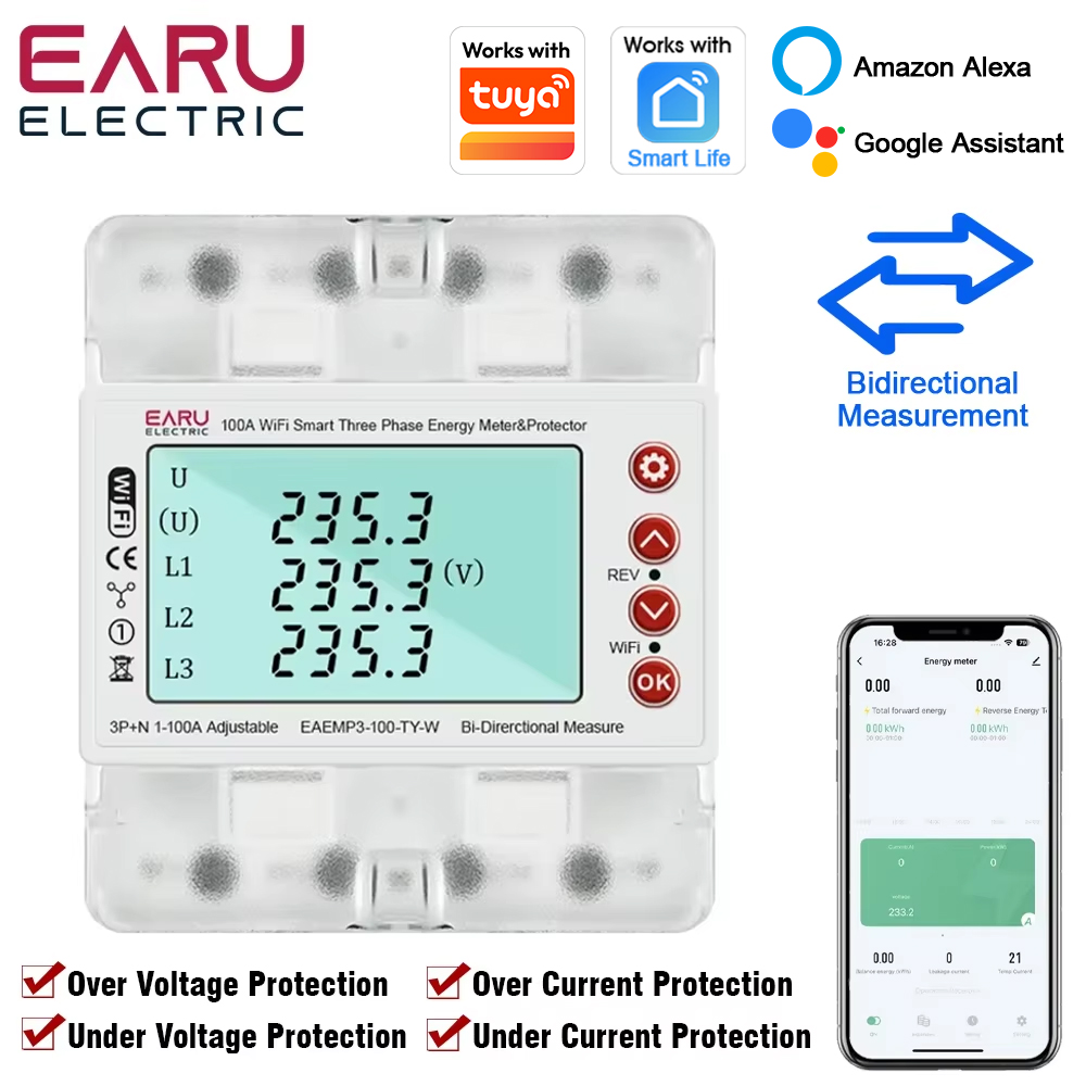 Energy Meter Bidirectional - EARU 三相Tuya WiFiスマート双方向エネルギーメーター、過電圧・低電圧保護リレースイッチ、電流制限機能付き