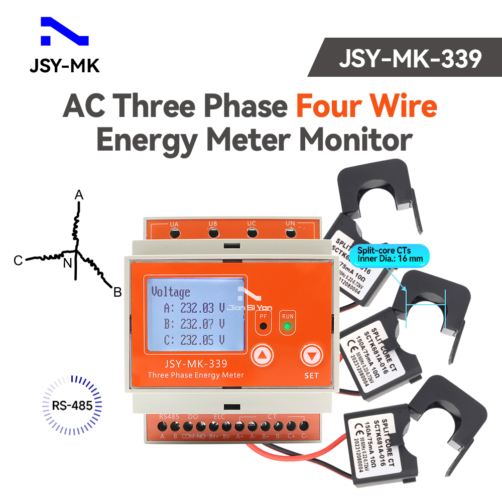 Energy Meter Bidirectional - JSY-MK-339 RS485双方向測定150A ACスマートエネルギーメーター3相4線式KWh電力モニタークランプ電流トランス