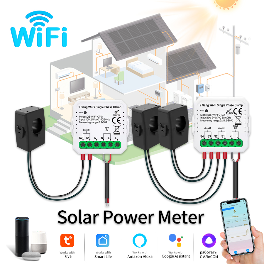 Energy Meter Bidirectional - Tuya スマート WiFi 太陽光発電エネルギーメーター 80A クランプ双方向アプリモニター輸出輸入電力