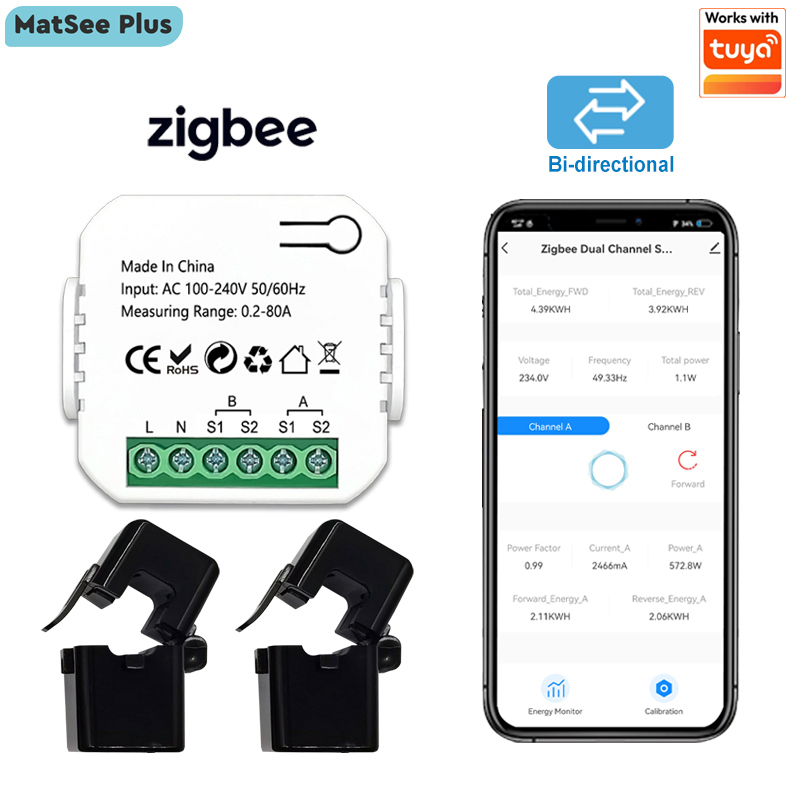 Energy Meter Bidirectional - スマートZigBeeエネルギーメーター双方向1、2チャンネル電流センサー付きスマートアプリモニター電力80A 110V/240Vゲートウェイが必要