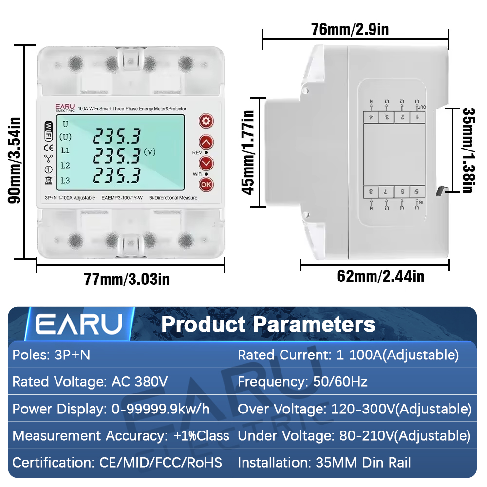 EARU 三相Tuya WiFiスマート双方向エネルギーメー - Energy Meter Bidirectional のレビューと価格