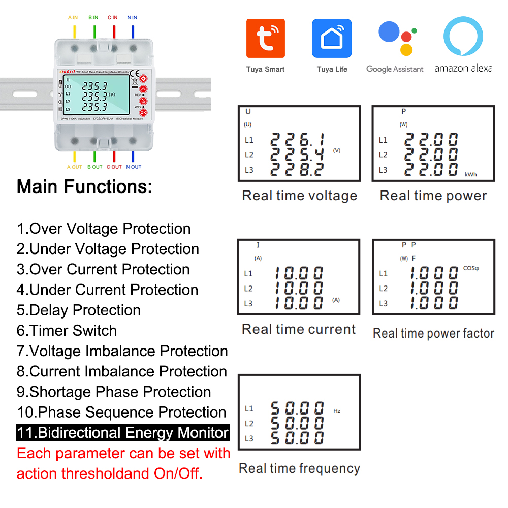 Tuya WiFi 380V 4Pスマート双方向電力メーター - Energy Meter Bidirectional のレビューと価格